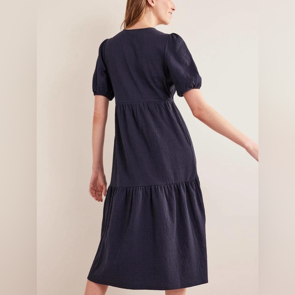 BODEN Jersey Seersucker Midi Cotton Dress V Neck Navy Blue US 12 Regular Large - Picture 3 of 10